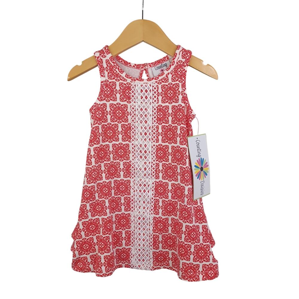 Counting Daisies Girls Lace Trim Ruffle Knit A-line Dress Size 2T Red White NWT
